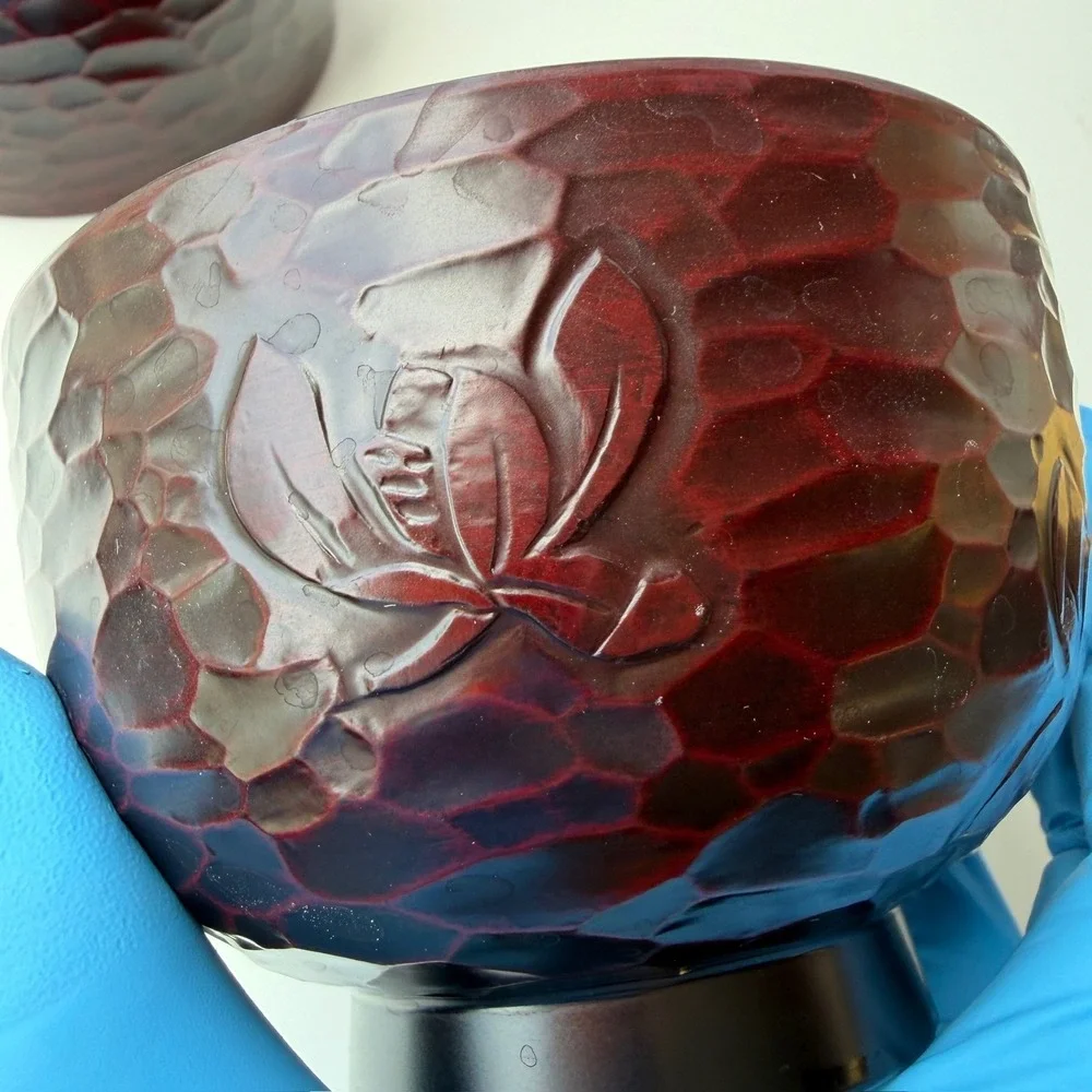 Set of 2 Japanese Lacquerware Soup Bowls Hammered Texture Floral Design B-9